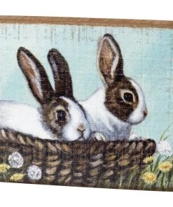 Petals And Blooms Home Decor Signs + Wall Decor Bunnies In Basket Block Sign