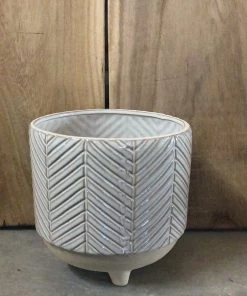 Petals And Blooms Decor Everyday Decor White And Beige Pot With Lines Leading Together, Bottom Is Round Sandy With 3 Small Legs