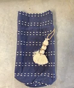 Petals And Blooms Decor Blue & Cream Strip Wine Bag W/ Tassel Kitchen Essentials