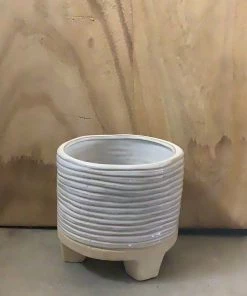 Petals And Blooms Home Decor Cream 2-Tone Line Design W/ 3 Feet Ceramic Pot