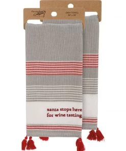 Petals And Blooms Home Decor Kitchen Towel - Santa Stops Here For Wine Tasting Christmas Decor